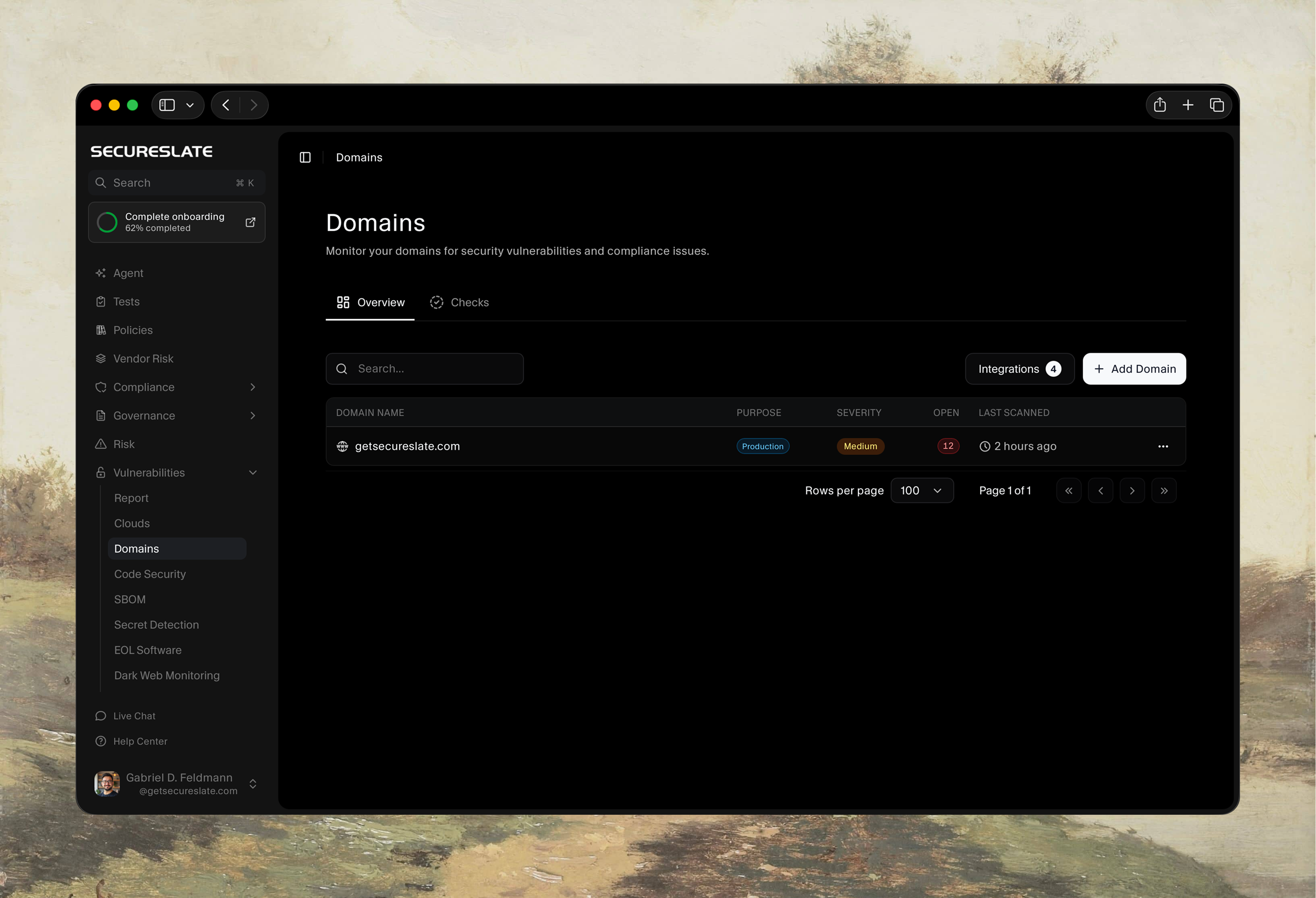 Attack surface monitoring dashboard showing monitored domains and their open findings