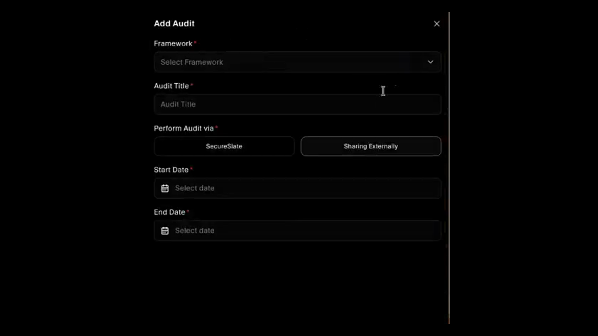 Creating an audit with the option to perform it via SecureSlate or by sharing externally