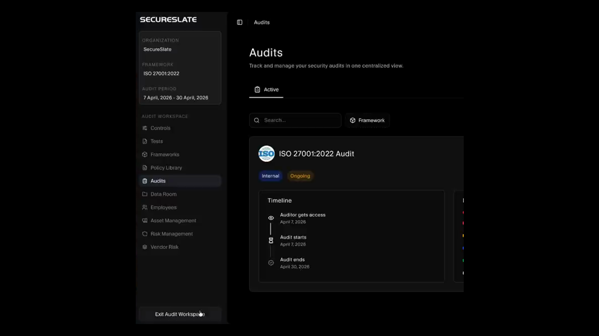 Audit workspace with the organisation, framework, and audit period pinned alongside scoped navigation