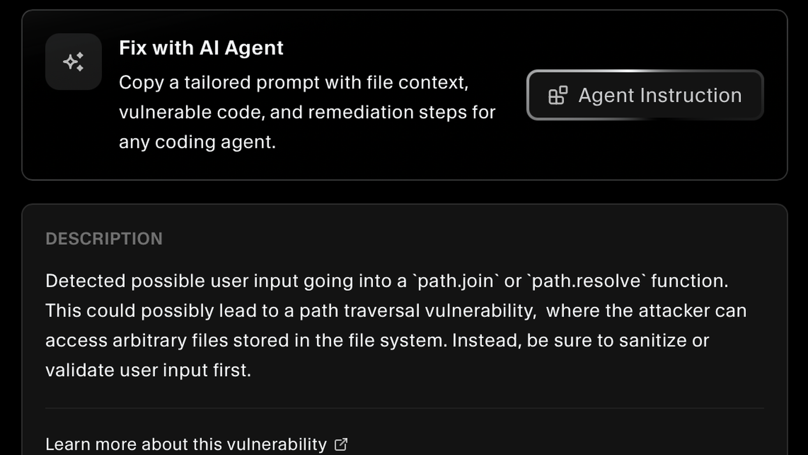Fix with AI Agent panel generating a tailored remediation prompt for a coding agent