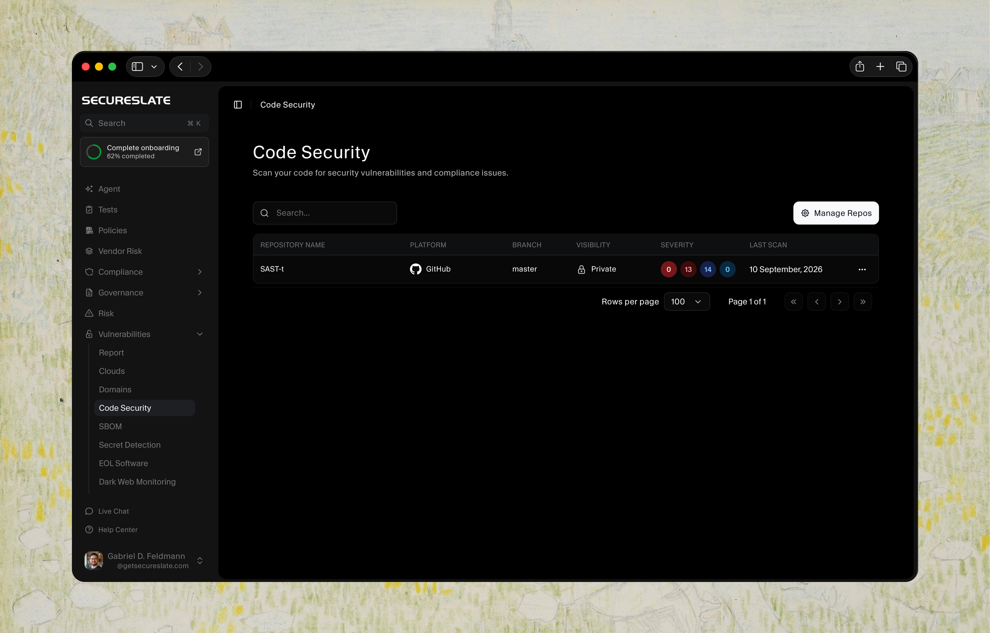 Code security dashboard showing findings by severity and by technology for a scanned repository