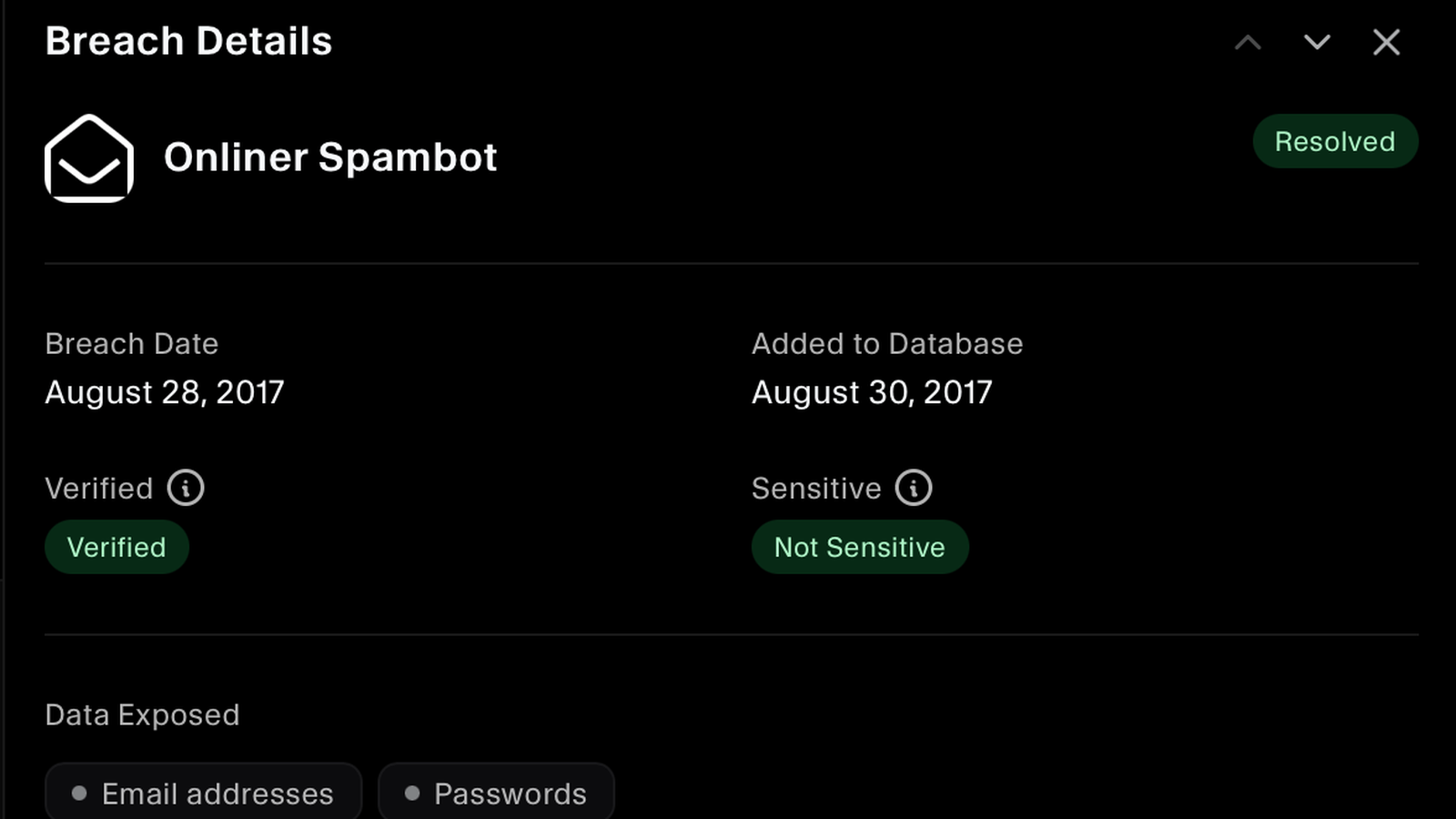 Breach detail showing dates, verified and sensitive flags, and the data exposed