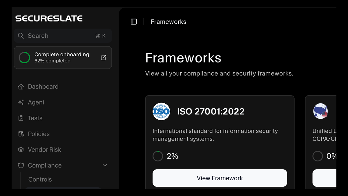 Compliance navigation showing frameworks alongside controls, reports, audits, and the data room