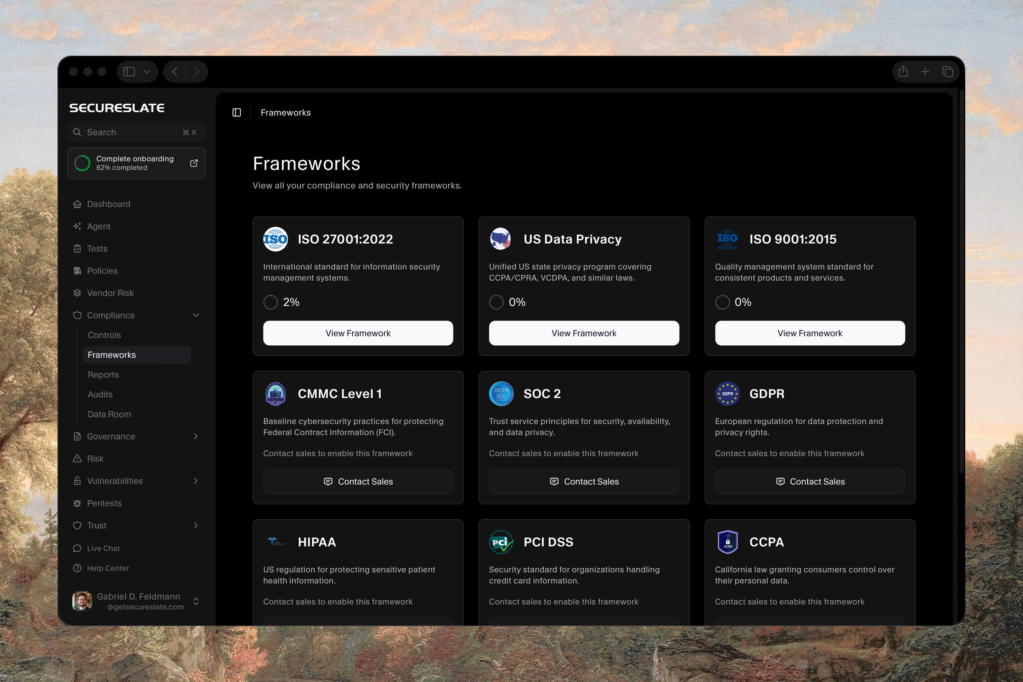 SecureSlate Frameworks page showing ISO 27001, US Data Privacy, ISO 9001, CMMC, SOC 2, GDPR, HIPAA, PCI DSS, and CCPA with per-framework progress