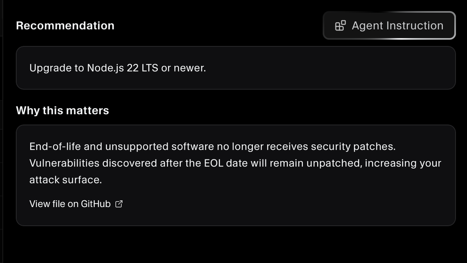 Upgrade recommendation with an agent instruction and a link to the file on GitHub