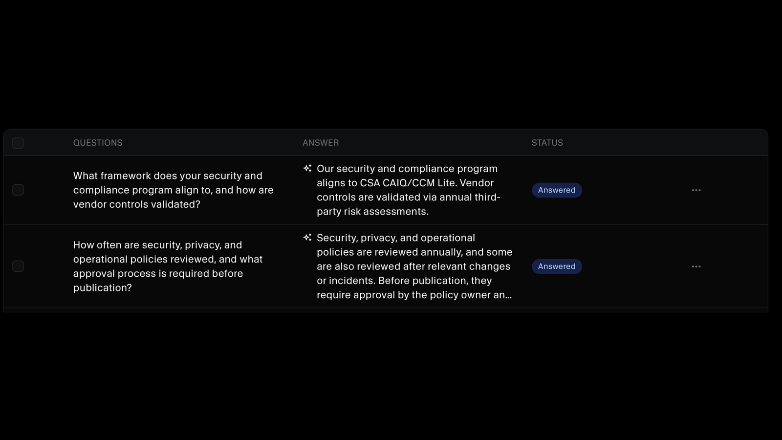 Questionnaire showing AI-suggested answers drawn from the knowledge hub