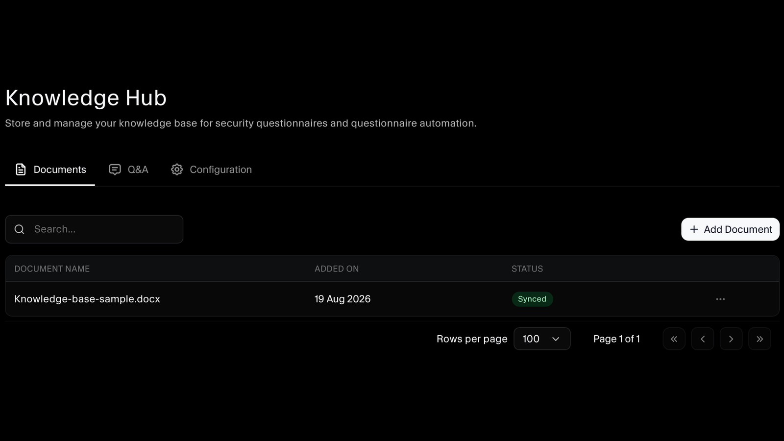 Knowledge hub documents listed with their sync status
