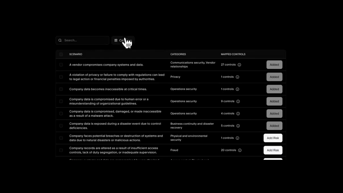 Risk library of prewritten scenarios with categories and recommended control counts