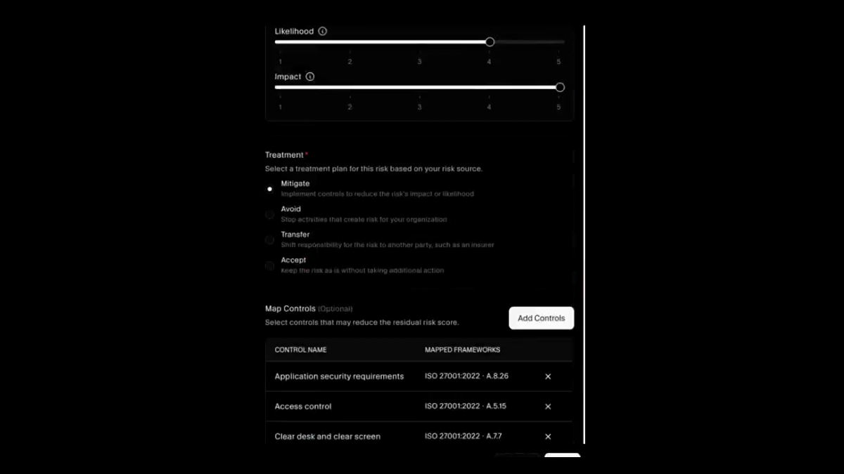 Risk treatment options with mapped controls showing their ISO 27001 clause references