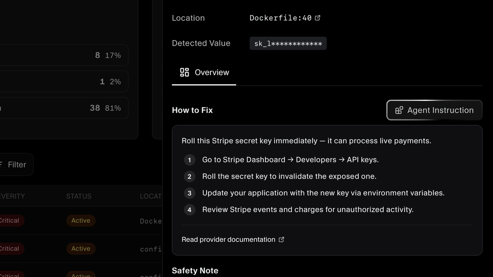 Remediation steps and agent instruction shown for an exposed Stripe secret key