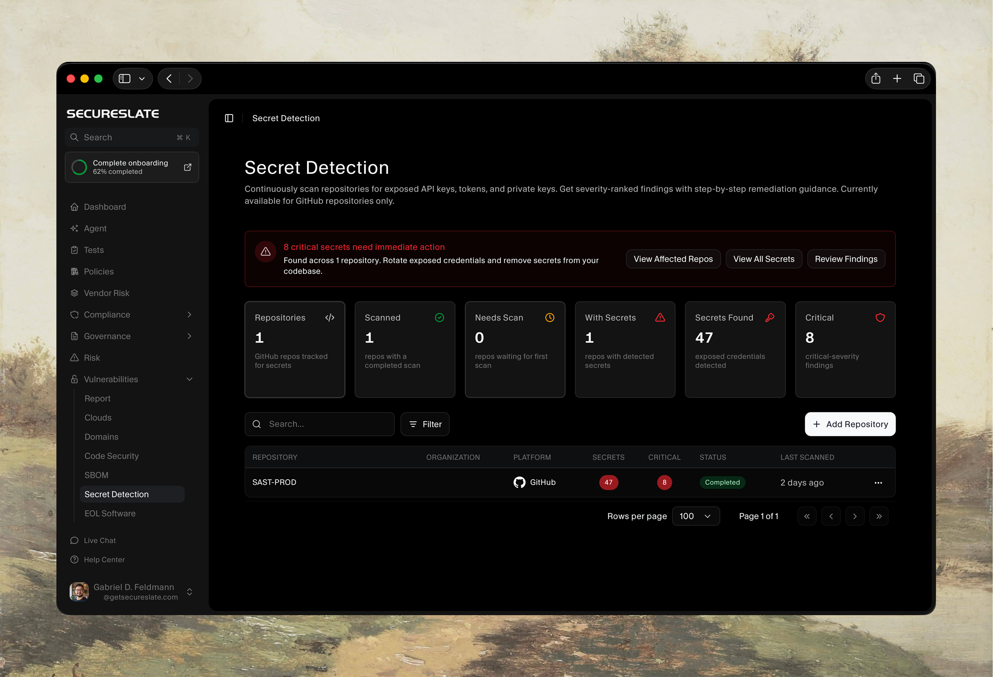 Secrets detection dashboard showing exposed credentials ranked by severity
