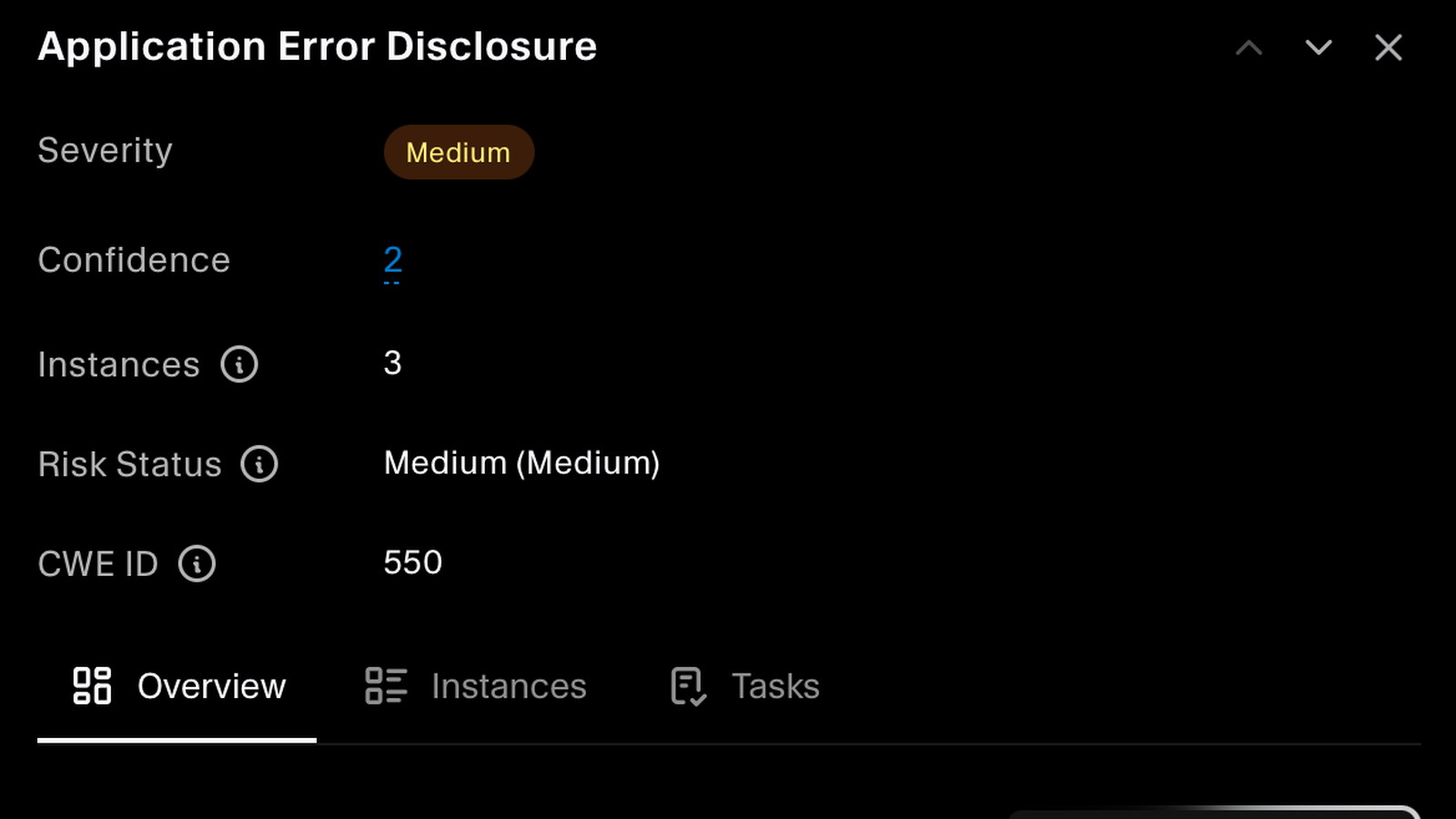 Finding detail showing severity, confidence, instance count, risk status, and CWE identifier