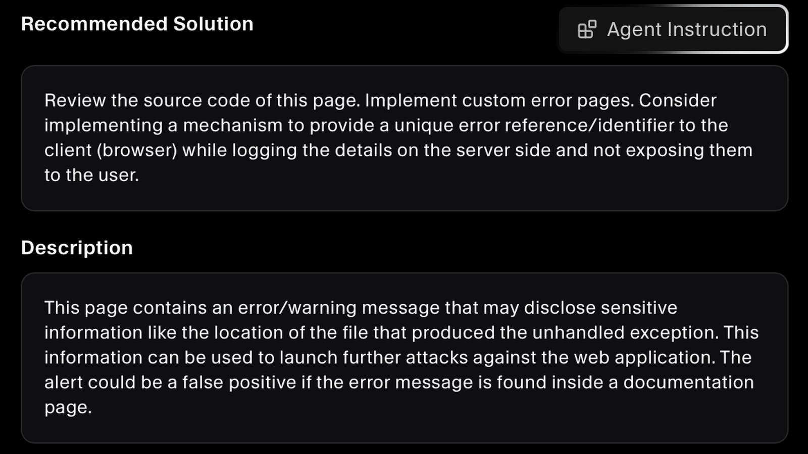 Recommended solution for a finding with an agent instruction and full description