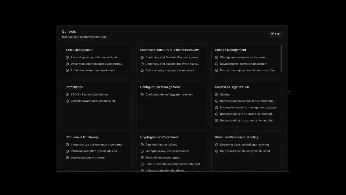 Published trust center controls grouped by category such as asset management and cryptographic protections