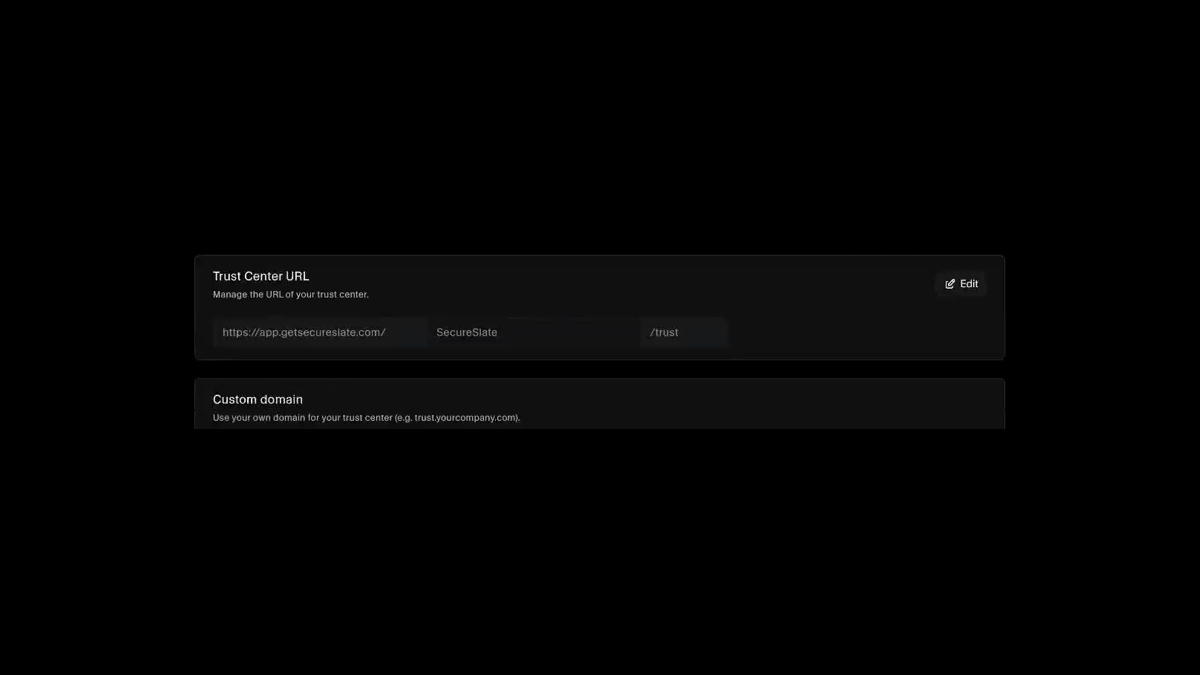 Trust center settings showing the trust center URL and the custom domain option