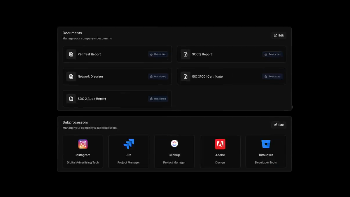 Trust center documents with access levels alongside a published subprocessor list
