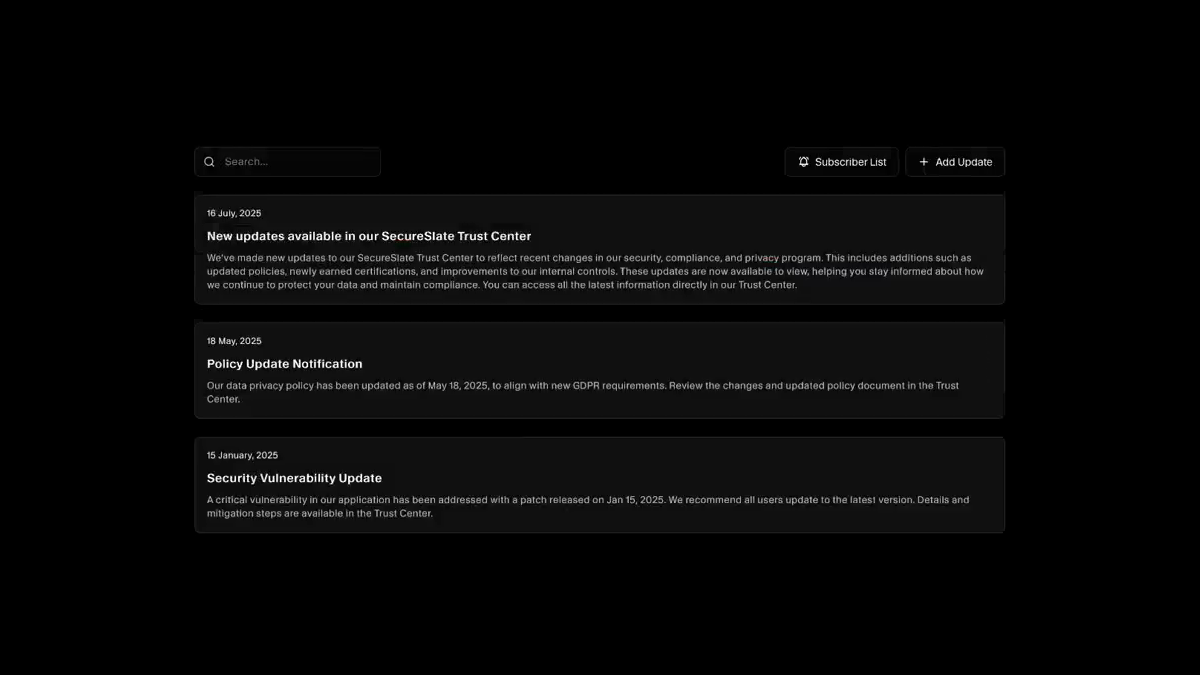 Trust center updates feed with dated announcements and a subscriber list