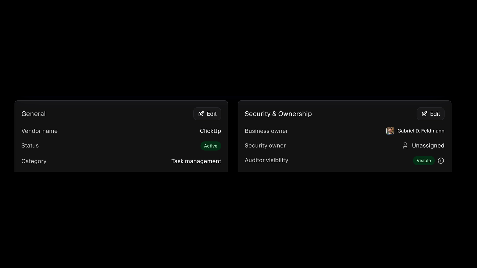 Vendor general details alongside security and ownership showing business owner, security owner, and auditor visibility