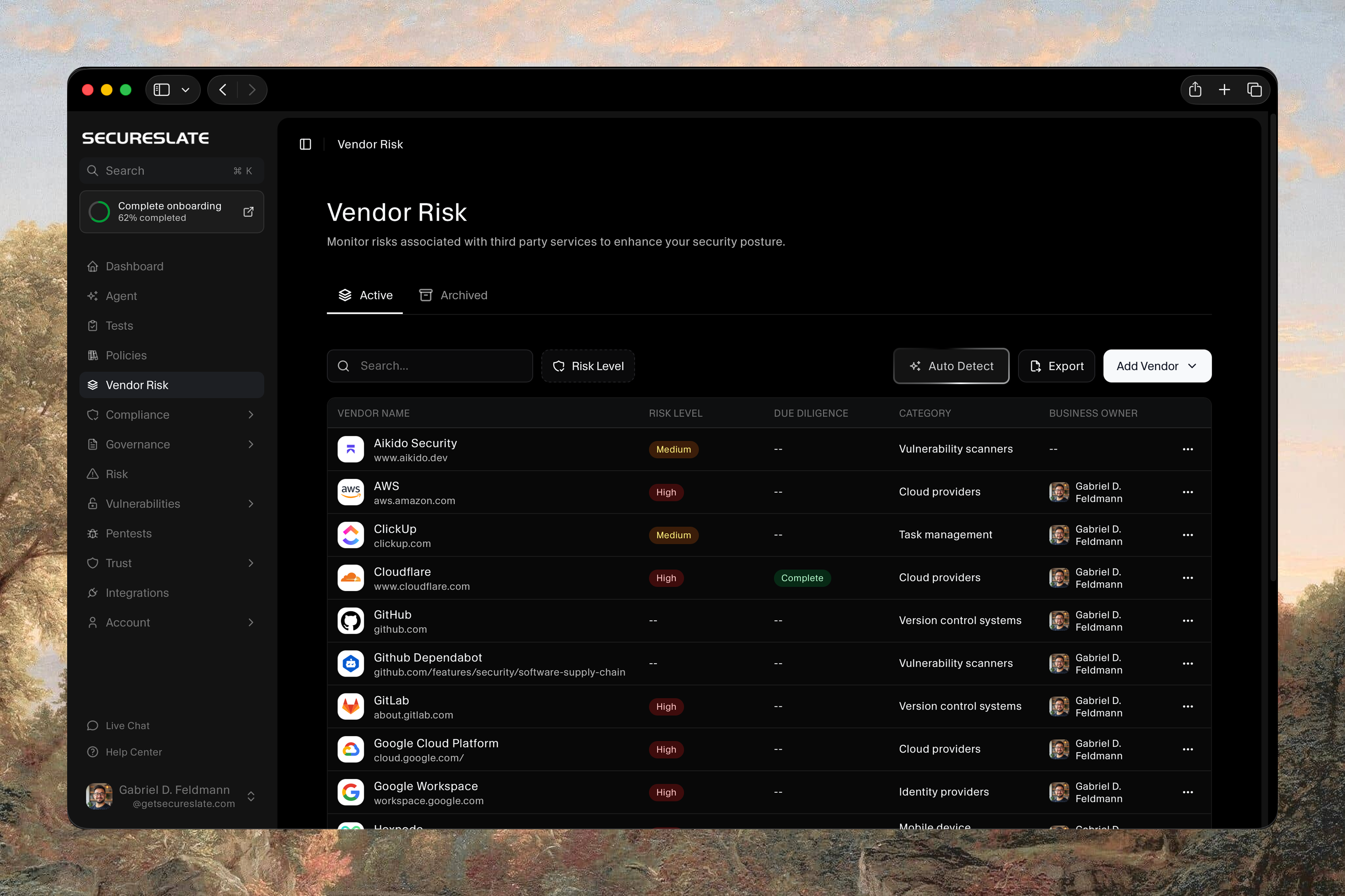 Vendor Risk register listing third-party services with their risk level, due diligence status, category, and business owner