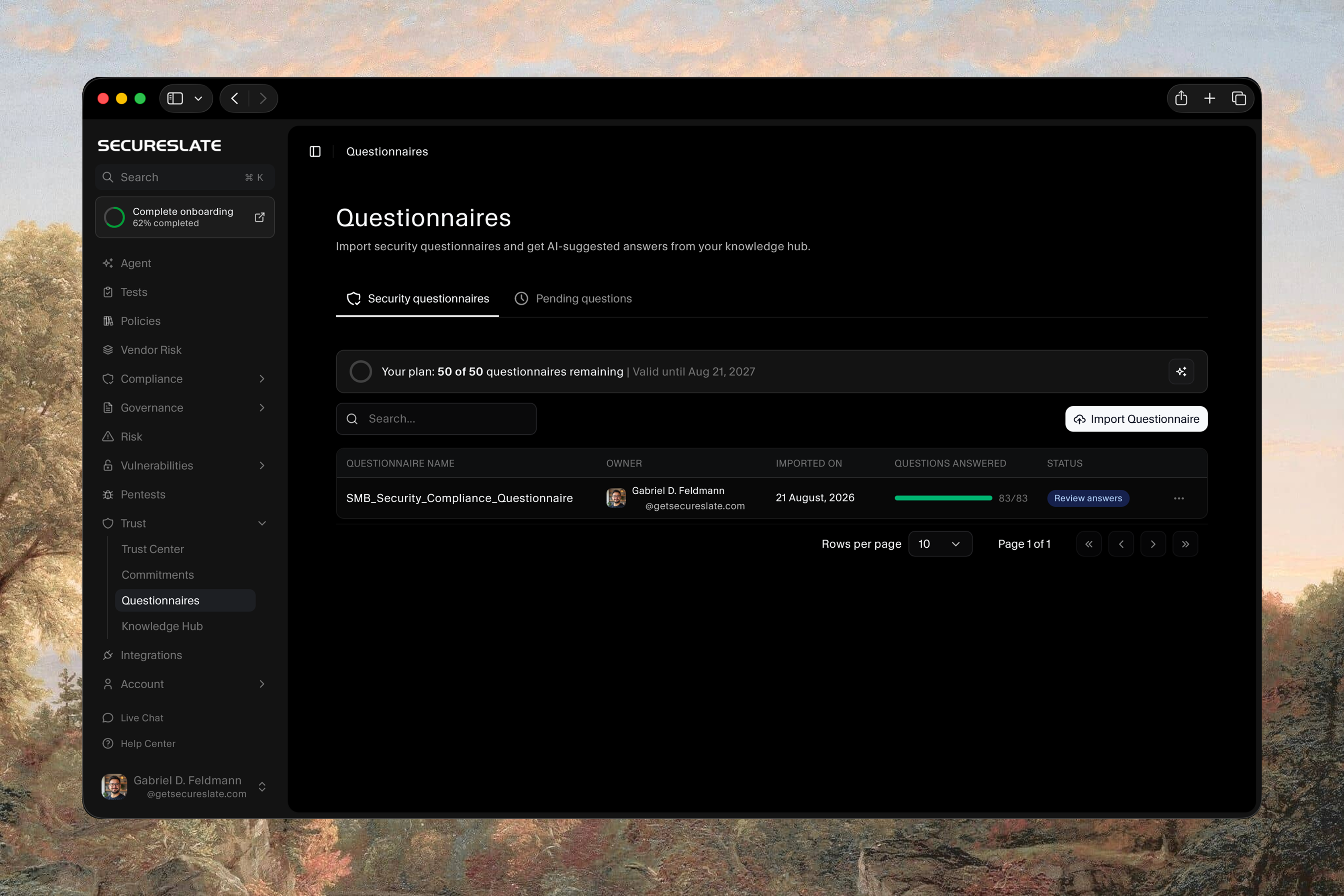 Security questionnaire with AI-suggested answers drawn from the knowledge hub