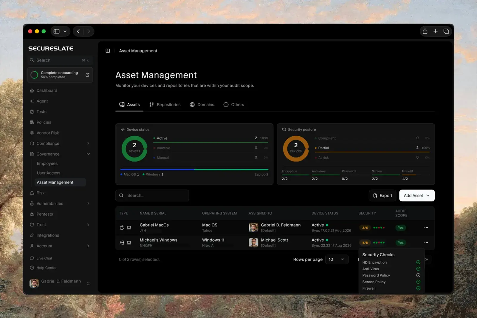 SecureSlate Asset Management showing device status, security posture across five checks, and a device list with each laptop's owner, sync time, and security score