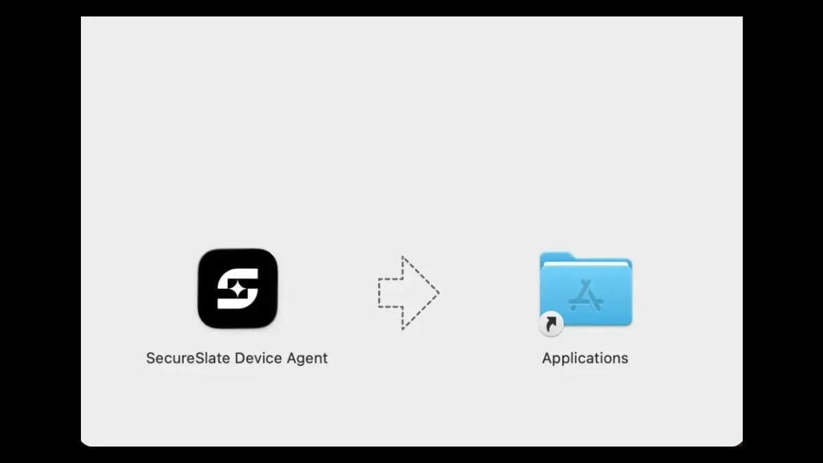 SecureSlate Device Agent installer window on macOS with the app being dragged into the Applications folder