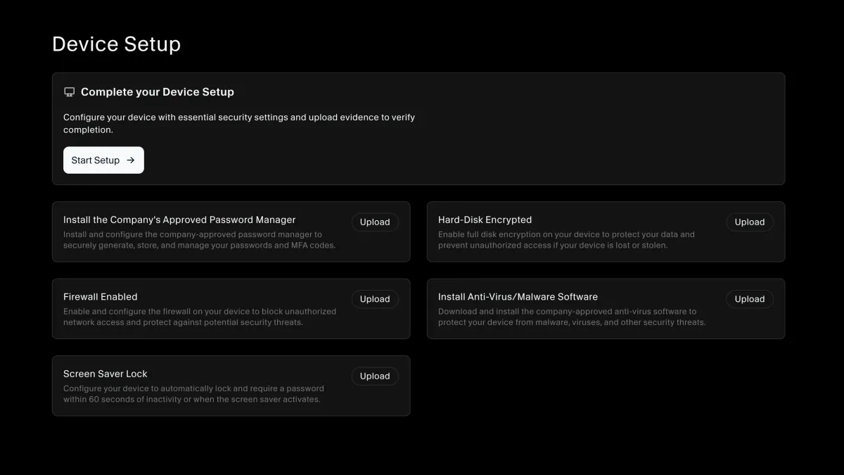 Employee Device Setup page with an upload option for each device security requirement
