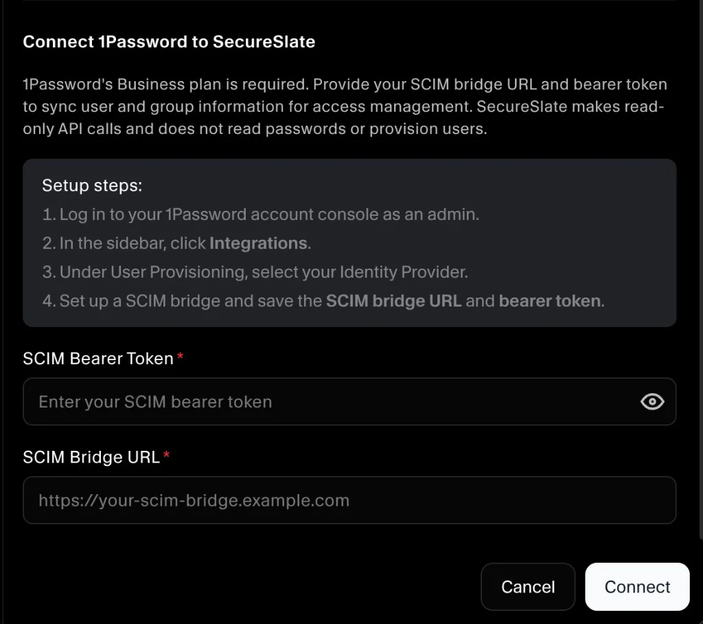 SecureSlate – Connect 1Password form