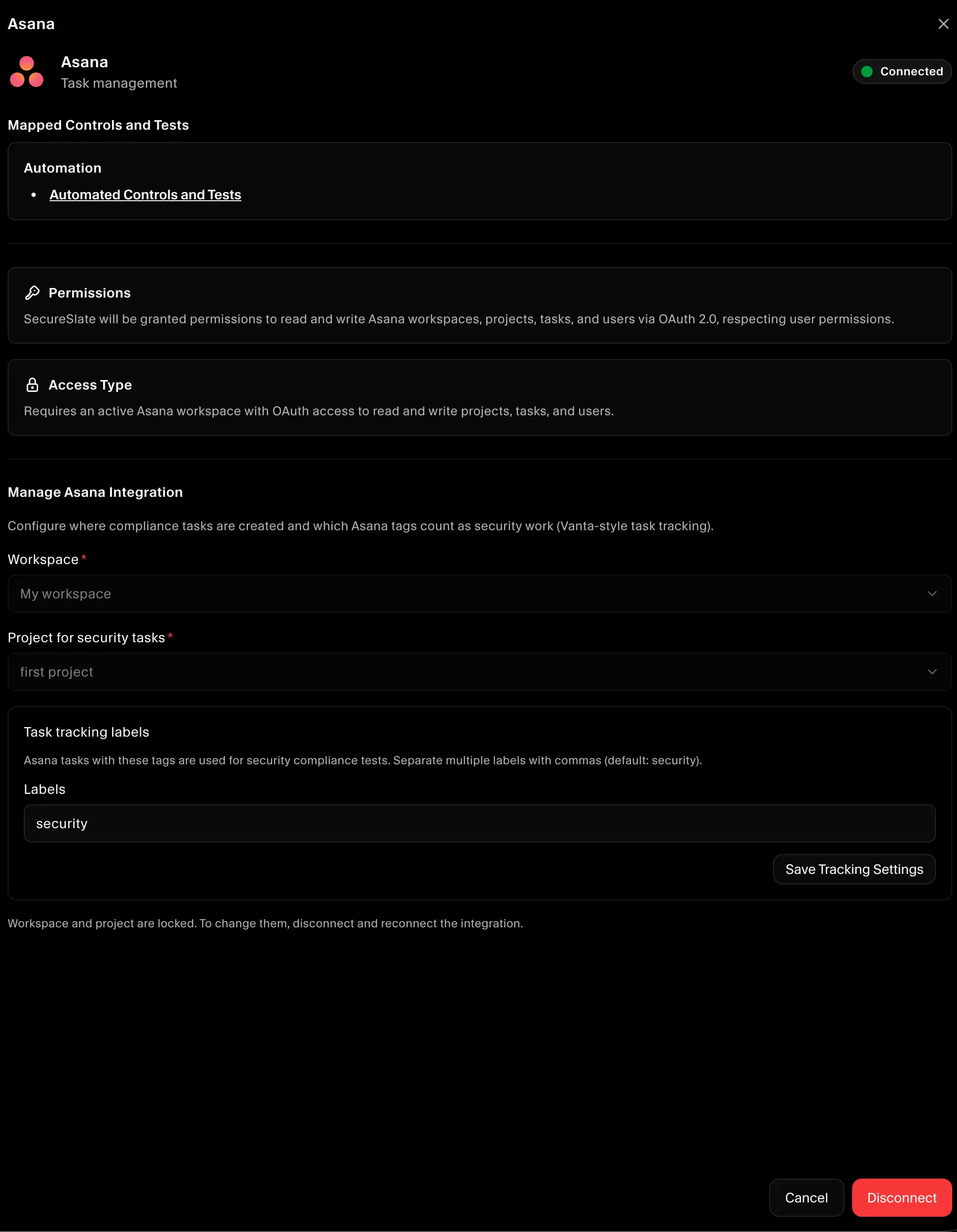 SecureSlate – select Asana workspace