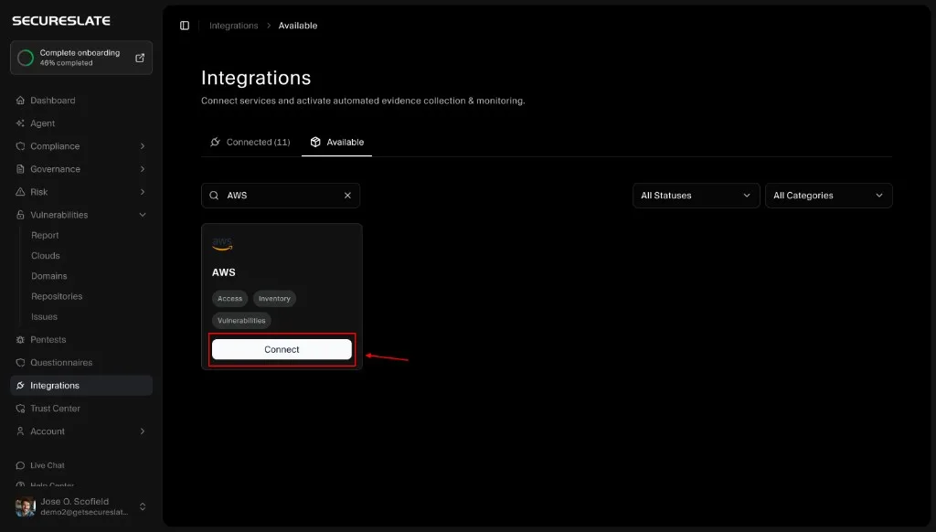 Integrations → Available → AWS → Connect