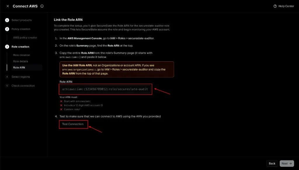 Link Role ARN + Test connection
