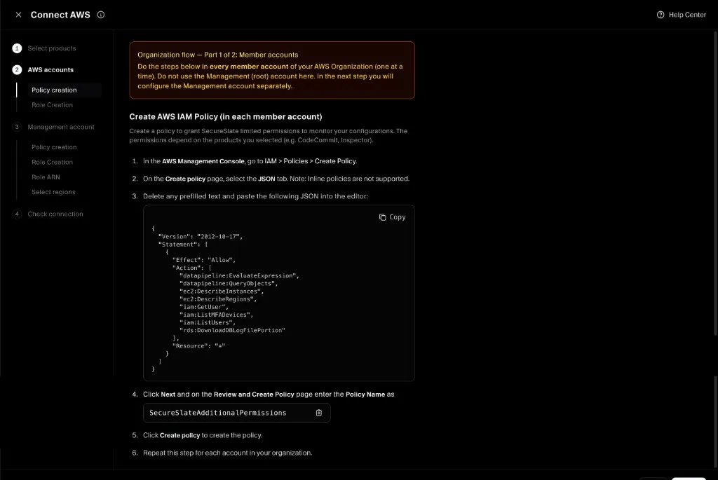 Organization flow - member account policy creation