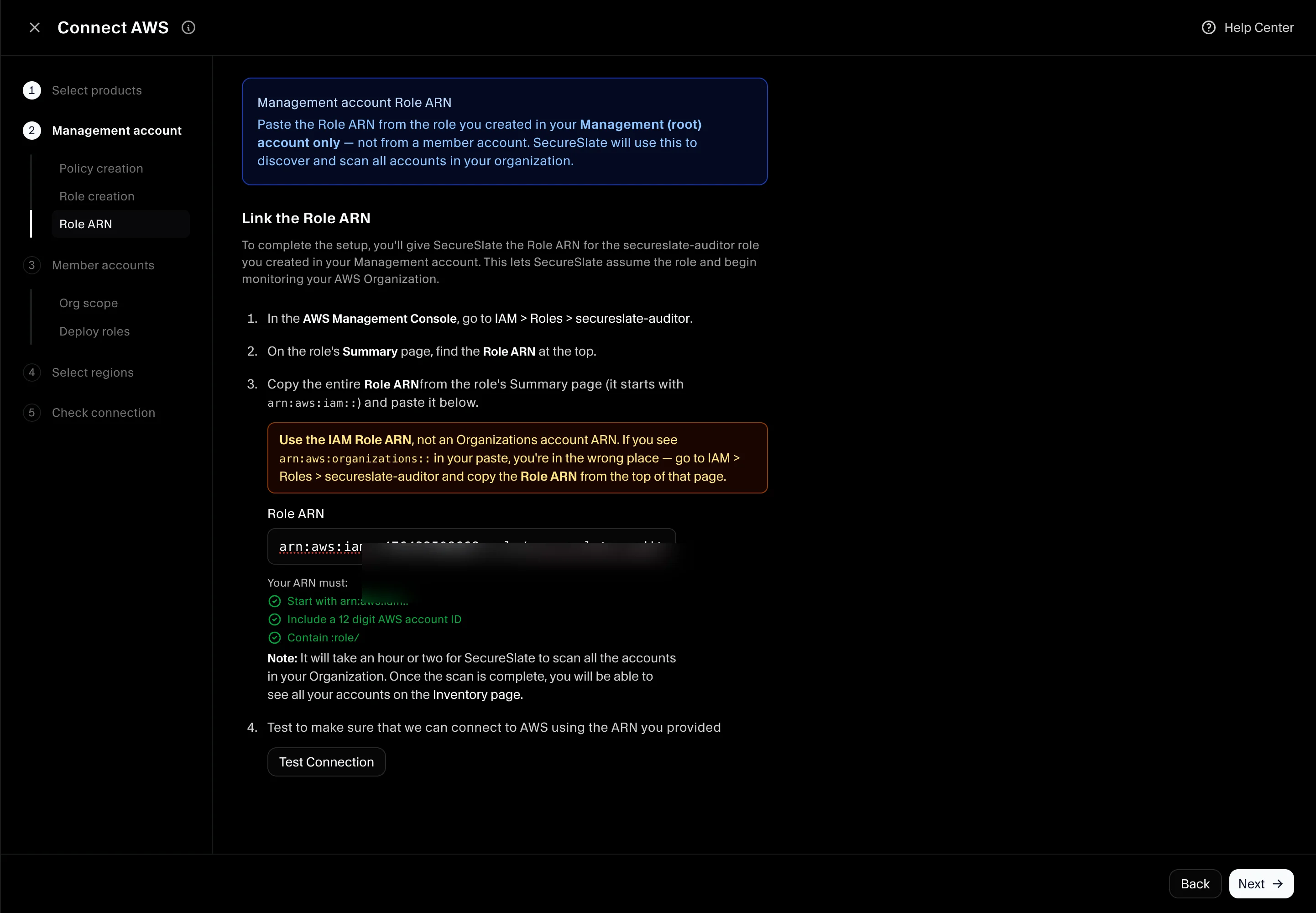 Link Role ARN + Test connection
