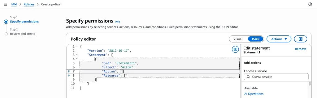 Create policy → JSON tab
