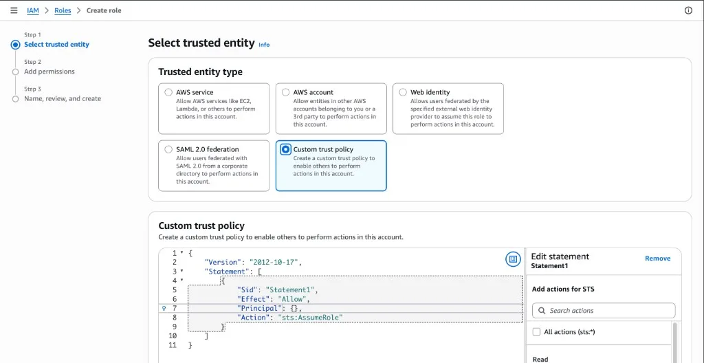 Select trusted entity → Custom trust policy