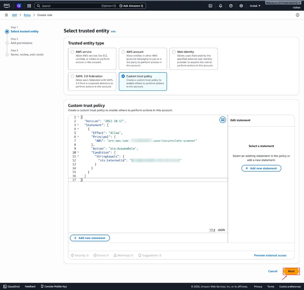 Paste trust policy JSON