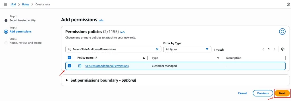 Attach SecureSlateAdditionalPermissions policy