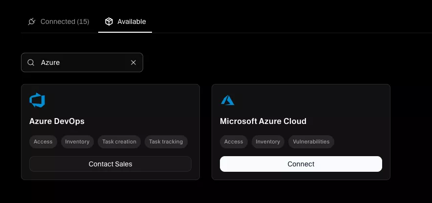 Integrations — Available — Microsoft Azure Cloud — Connect