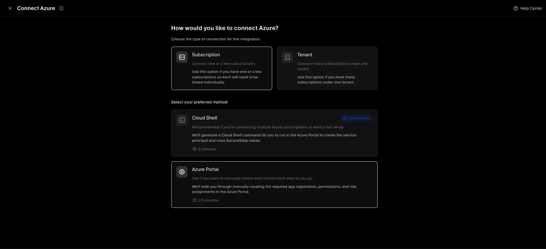 Choose Subscription or Tenant connection type