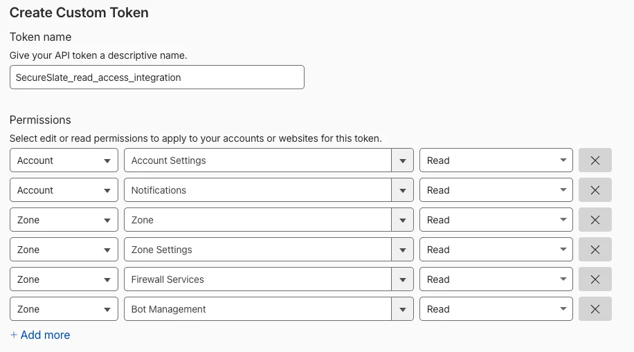 Cloudflare token permissions — six read-only rows