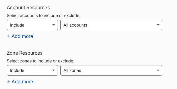 Cloudflare token Account Resources and Zone Resources
