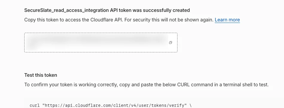 Cloudflare API token successfully created