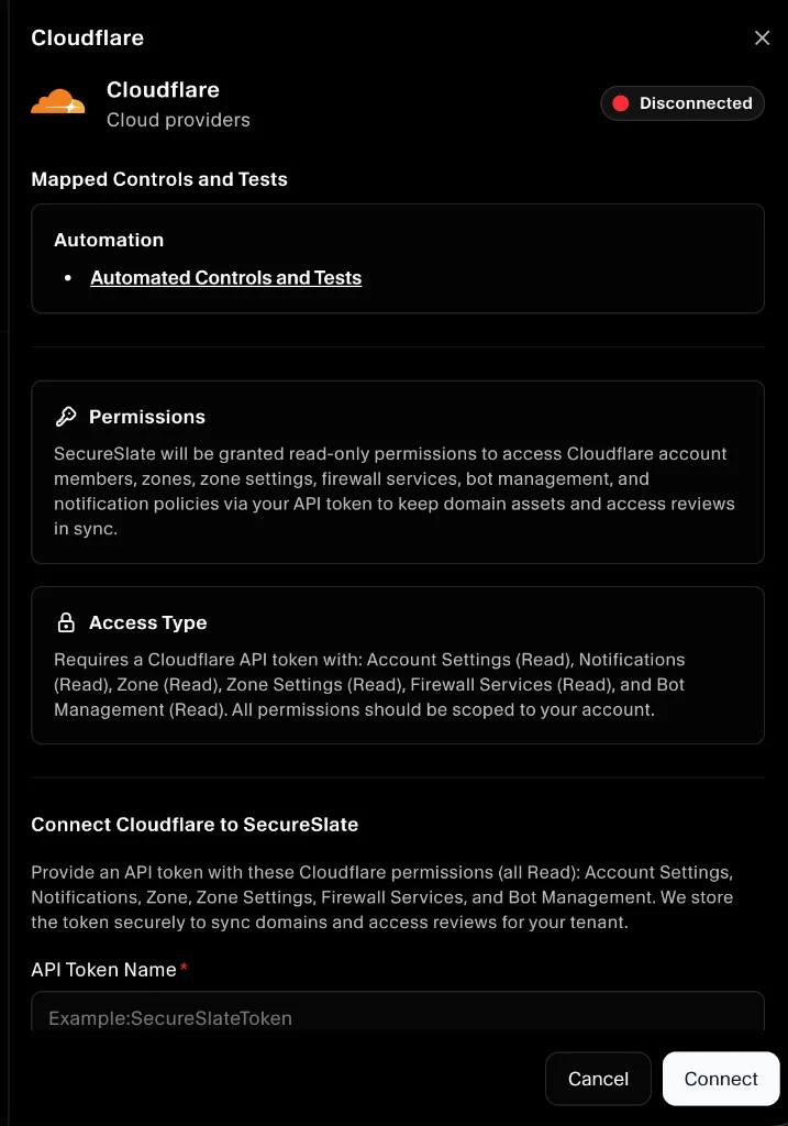 SecureSlate Cloudflare integration details drawer