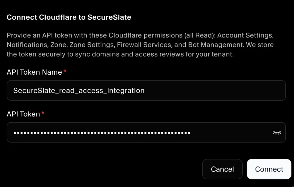 Connect Cloudflare to SecureSlate — API token form