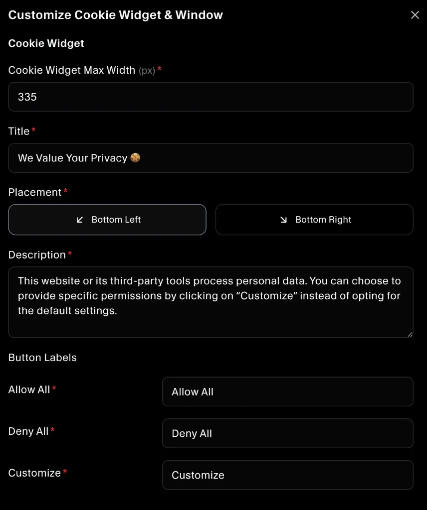 Customize cookie widget