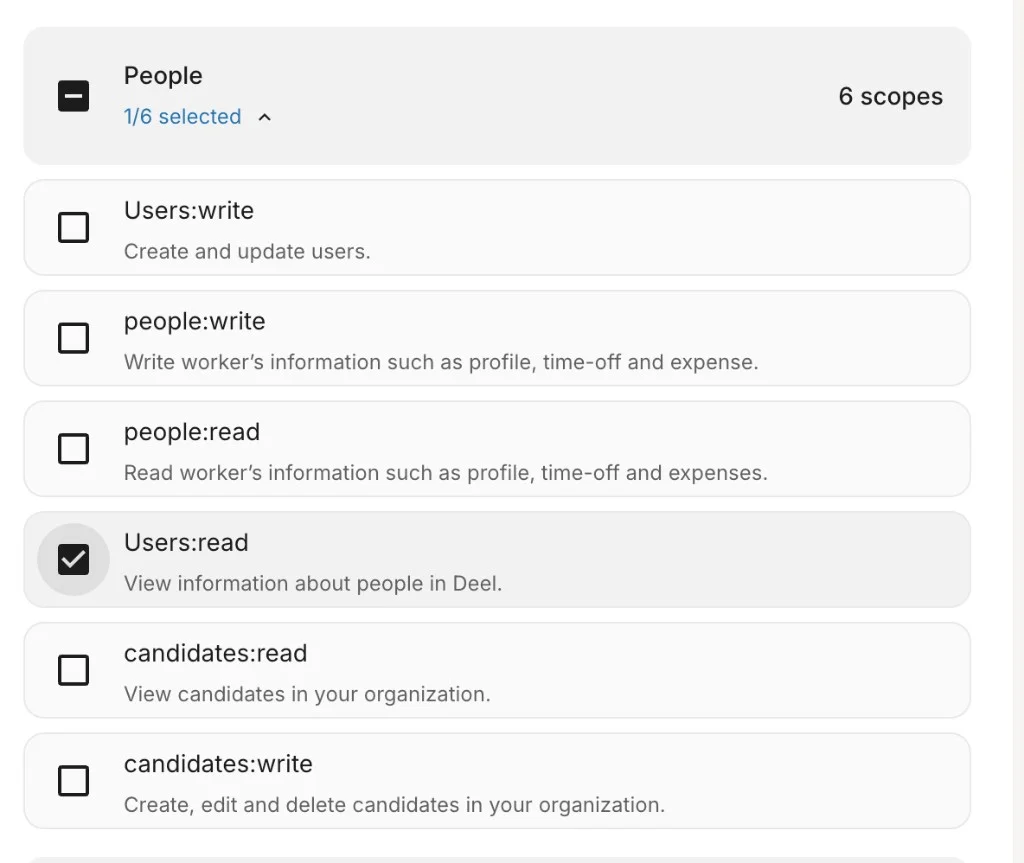 Deel – select Users:read scope under People