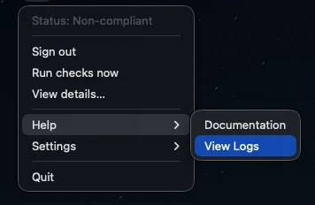 Agent tray menu with Help submenu open, showing View Logs