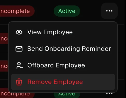 Employee actions menu with Remove Employee