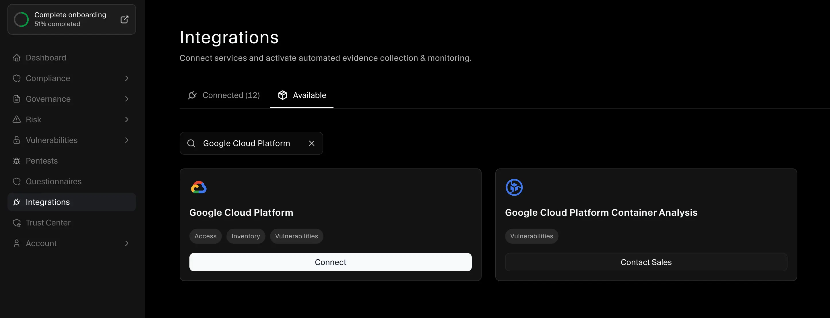 Integrations - Google Cloud Platform connect