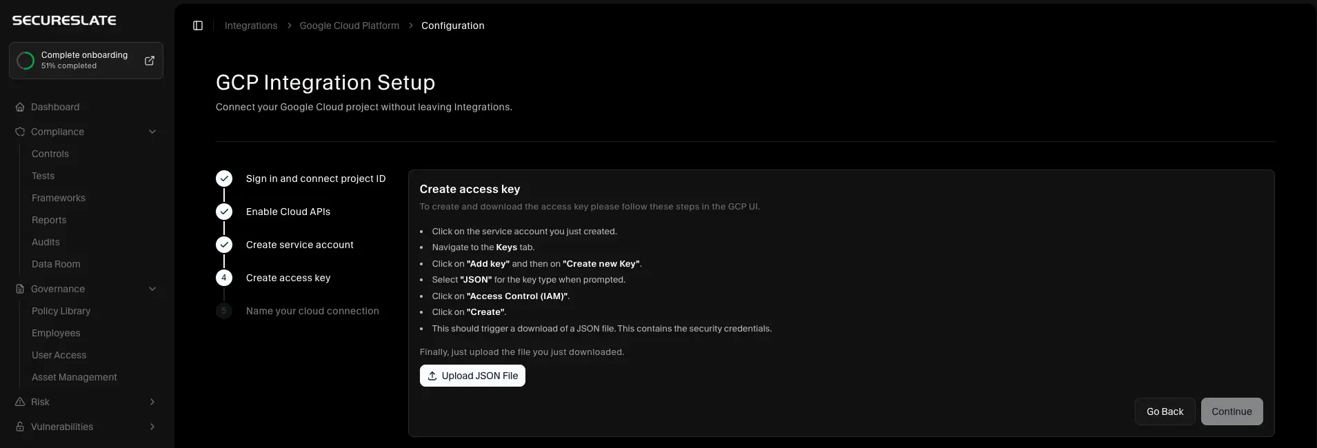 GCP Integration Setup - Upload JSON key